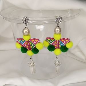 Embroidery with yellow/green pompom silver bar charms